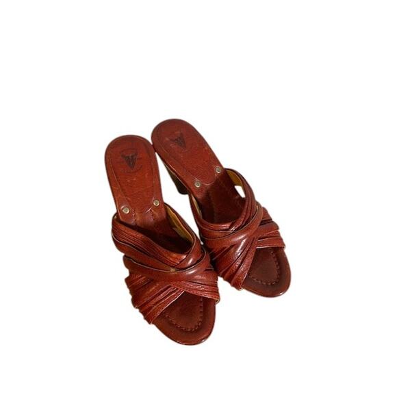 Frye Brown Leather Crisscross Multi Slide Reese Slip On Heels Women Sz 6.5 - Picture 2 of 8